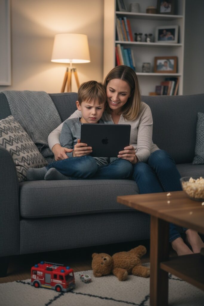 A mother and her young son sit together on a gray sofa looking at a tablet in their living room.